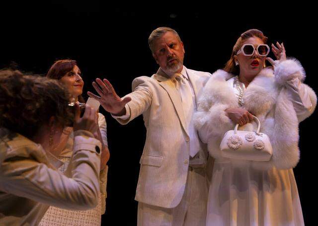 Sara Grant, Irene Adjan, Justin Packard, and Leah Sessa in Stephen Sondheim’s “Merrily We Roll Along,” now at Zoetic Stage through April 5.