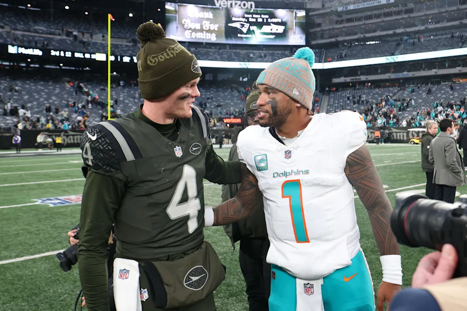 <p>Dec 7, 2025; East Rutherford, New Jersey, USA; New York Jets quarterback Brady Cook (4) greets Miami Dolphins quarterback Tua Tagovailoa (1) after the game at MetLife Stadium. Mandatory Credit: Vincent Carchietta-Imagn Images</p><br>