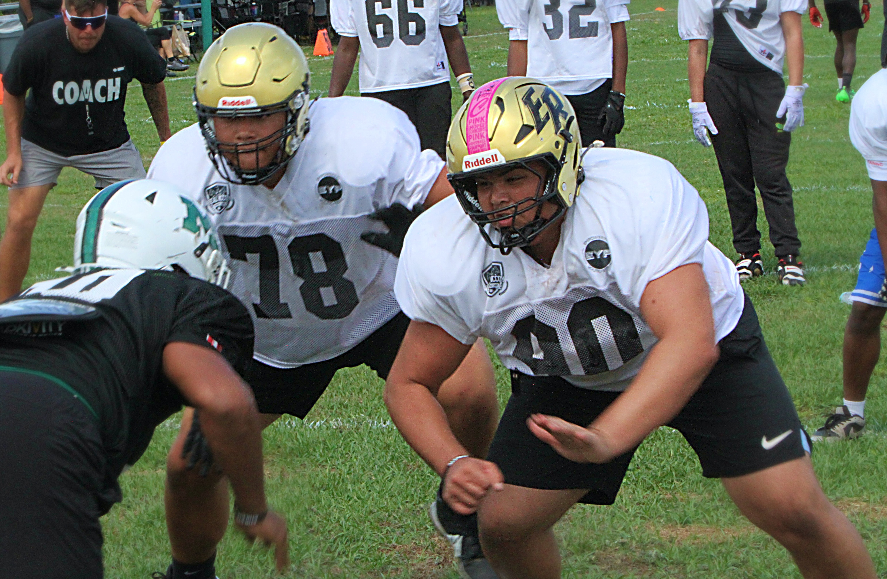 East Ridge offensive line tandem of Aiden Galles (78) and...