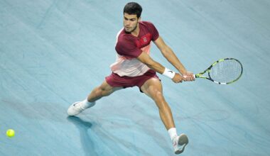 Carlos Alcaraz in action at the 2025 Miami Open presented by Itau.