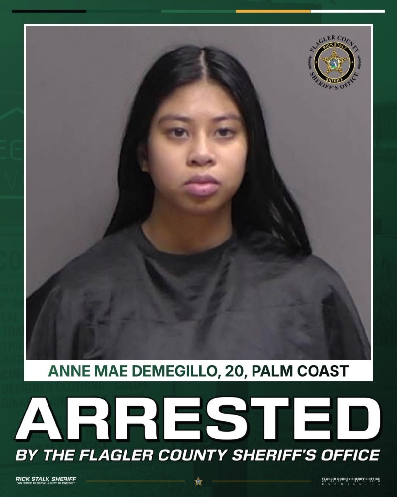 Mugshot of Anne Mae Demegillo, 20, arrested by the Flagler County Sheriff's Office.