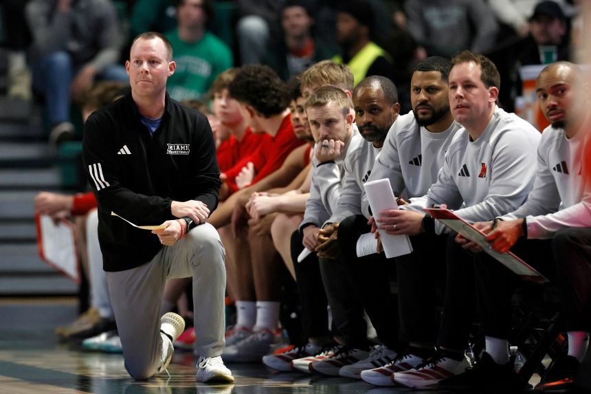 Miami head coach Travis Steele watches from the sidelines during a game at Eastern Michigan in February.