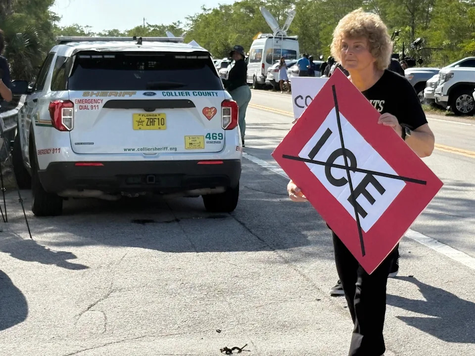 Protestors, media and law enforcement lined U.S. 41/Tamiami Trail July 1, 2025, as President Donald Trump visited Florida Gov. Ron Desantis’s immigration detention center known as Alligator Alcatraz.