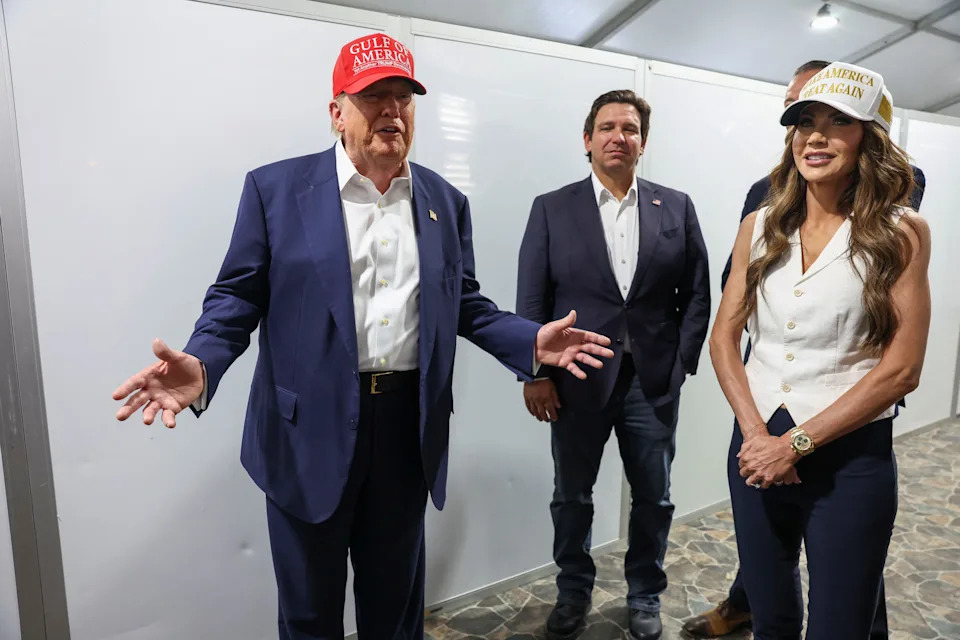 U.S. President Donald Trump, Florida Governor Ron DeSantis and U.S. Homeland Security Secretary Kristi Noem visit a medical tent at a temporary migrant detention center informally known as "Alligator Alcatraz" in Ochopee, Florida, U.S., July 1, 2025. REUTERS/Evelyn Hockstein