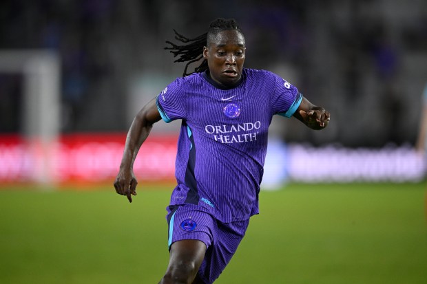 Orlando Pride forward Barbra Banda (22) controls the ball during an NWSL soccer match against the Chicago Stars, Friday, March 14, 2025, in Orlando. (AP Photo/Phelan M. Ebenhack)