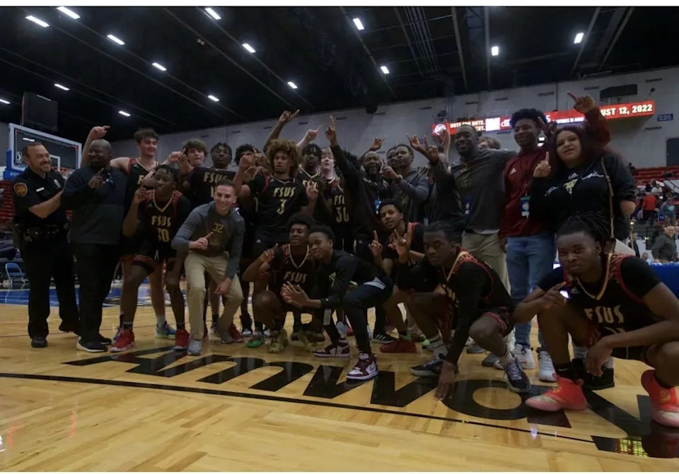Florida High players and coaches pose following the Seminoles state championship win over Riviera Prep on March 4, 2022, at R.P. Funding Center in Lakeland.