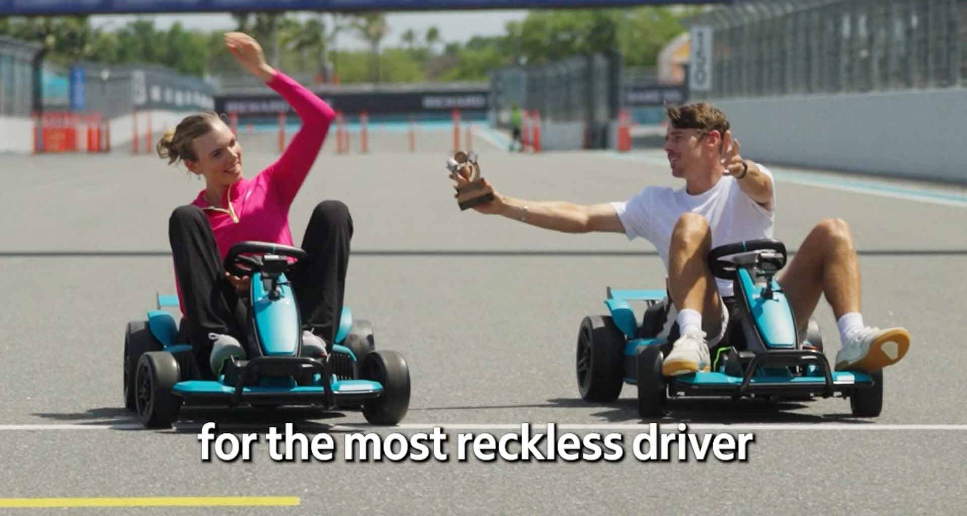 Katie Boulter and Alex de Minaur race at the Miami F1 track.