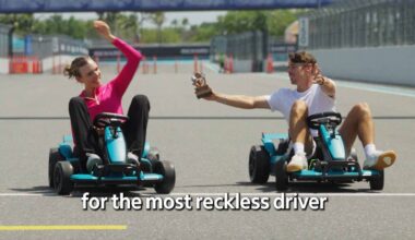Katie Boulter and Alex de Minaur race at the Miami F1 track.