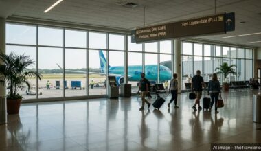 Travelers walk toward a Breeze Airways gate at Savannah Hilton Head International Airport with a Breeze jet visible outside.