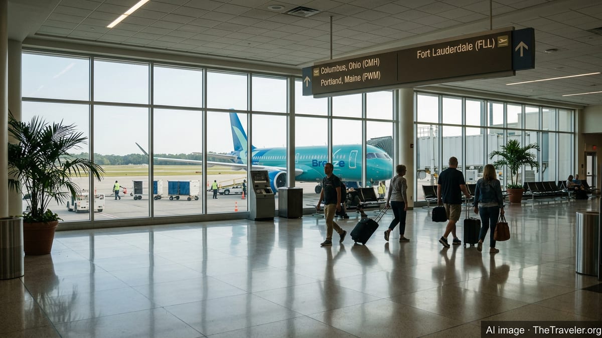 Travelers walk toward a Breeze Airways gate at Savannah Hilton Head International Airport with a Breeze jet visible outside.