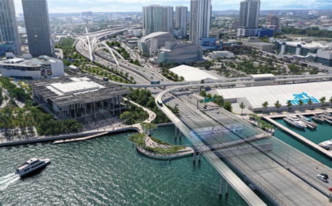 Pedestrian, bike bridge under I-395 on bay rolls ahead