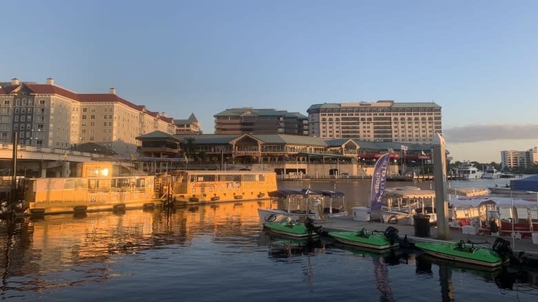 View from Big Ray's Fish Camp on the Riverwalk looking out toward docks and boats