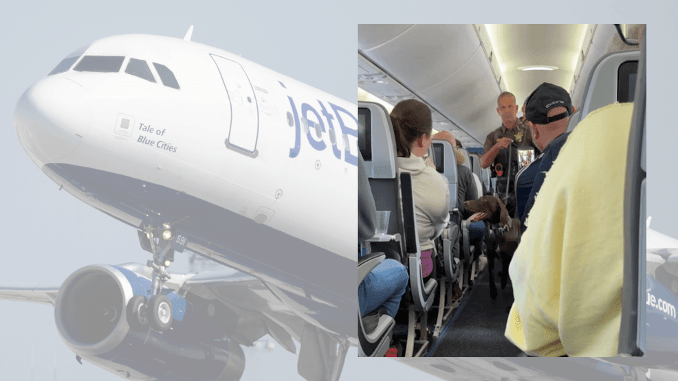 Cellphone video obtained by the CBS12 News team shows law enforcement officers walking down the aisle of the aircraft with a bomb-sniffing dog — as passengers remained in their seats waiting to find out what was happening. (WPEC)