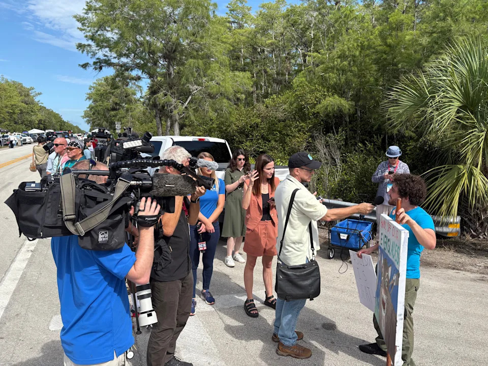 Protestors, media and law enforcement lined U.S. 41/Tamiami Trail July 1, 2025, as President Donald Trump visited Florida Gov. Ron Desantis’s immigration detention center known as Alligator Alcatraz.