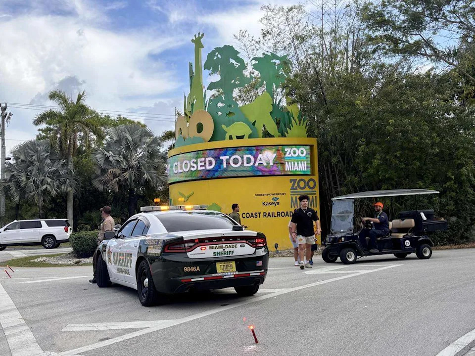Police block access to Zoo Miami after a bomb threat on Saturday, March 14, 2026.