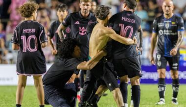 Lionel Messi knocked down after fans storm pitch during Inter Miami friendly in Puerto Rico