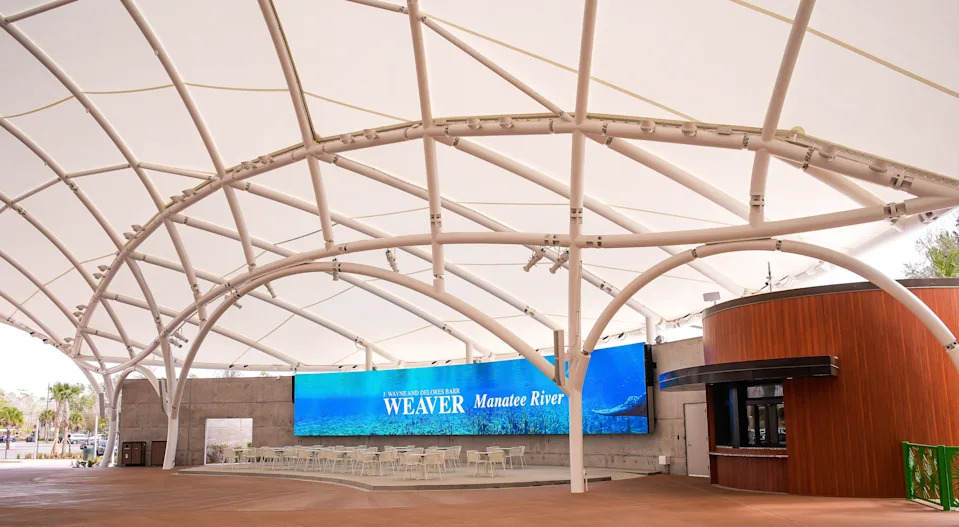 A screen in the dome, names the $72 million J. Wayne and Delores Barr Weaver Manatee River Habitat and VyStar SkyScape Entrance Tuesday March 3, 2026 at the Jacksonville Zoo and Botanical Gardens in Jacksonville, Fla. [Doug Engle/Florida Times-Union]
