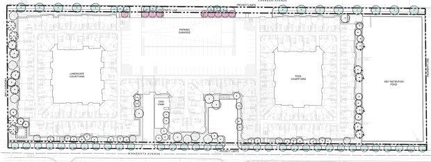 San Antonio-based Embrey Partners is overseeing plans to build the 350-unit multifamily apartment complex, dubbed the Minnesota Ave. Multifamily Project, on 5.78 acres of land within the Calvary Assembly Planned Development. Plans filed with the city of Orlando show a four-story, double-donut configuration with 16 studios, 177 one-bedroom, 141 two-bedroom and 16 three-bedroom units. (Courtesy of Dix.Hite+Partners)
