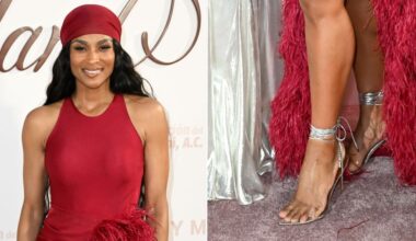 Ciara wearing silver pointed sandals with a clear toe strap and wrapped silver ties around the ankle at Karol G's Con Cora Land Benefit Gala in Miami on Friday.