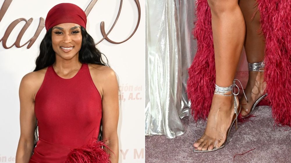 Ciara wearing silver pointed sandals with a clear toe strap and wrapped silver ties around the ankle at Karol G's Con Cora Land Benefit Gala in Miami on Friday.