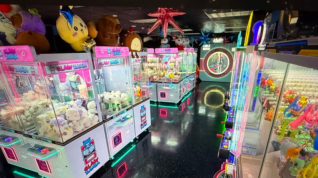 Rows of claw arcade games at ClawZania Tampa, which had its opening celebration the weekend of Feb. 28. (Spectrum News/Matt Infante)