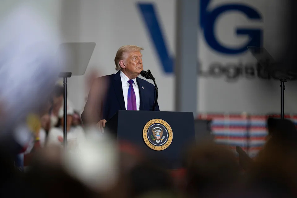 President Donald Trump speaks at a political rally held at Verst Group Logistics in Hebron, Kentucky, on Wednesday, March 11, 2026.