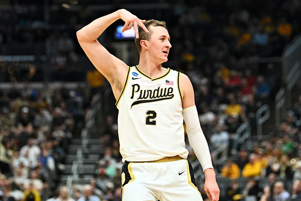 Mar 20, 2026; St. Louis, MO, USA; Purdue Boilermakers guard Fletcher Loyer (2) reacts after a three pointer during the second half against the Queens University of Charlotte Royals during a first round game of the men's 2026 NCAA Tournament at Enterprise Center. NCAA Basketball&colon; NCAA Tournament First Round-Queens at Purdue