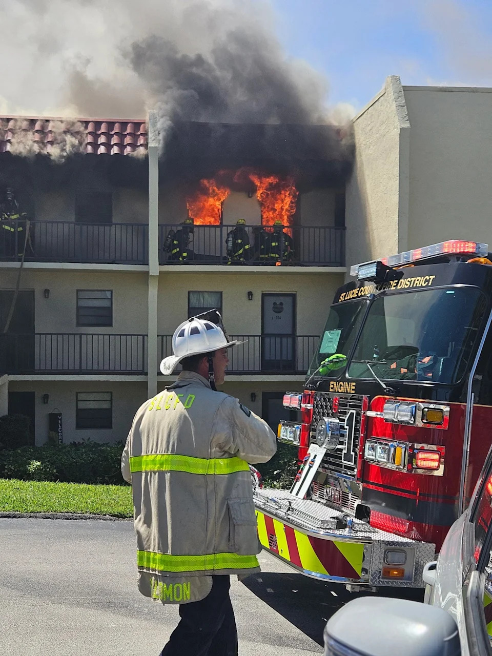 St. Lucie County firefighters battle a fire in the 2000 block of Oleander Boulevard, Fort Pierce, Florida, March 21, 2026. One cat was rescued.