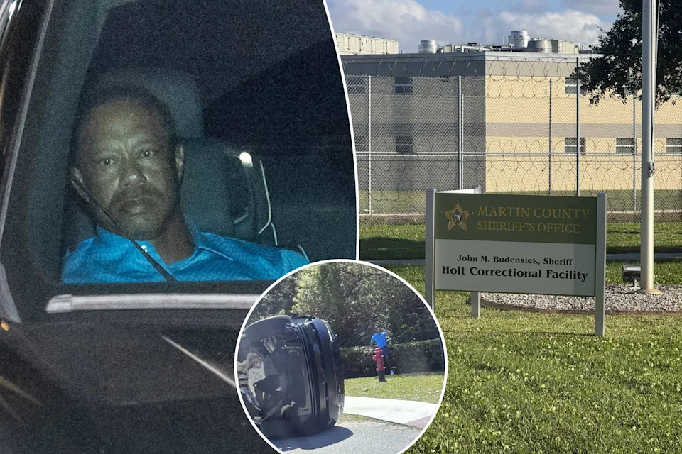 An image collage containing 3 images, Image 1 shows Tiger Woods sits in the front seat of an SUV as he is driven away from the Martin County Sheriff's Office after his DUI arrest on March 27, 2026, Image 2 shows Sign for the Martin County Sheriff's Office Holt Correctional Facility, with the facility behind a fence topped with barbed wire, Image 3 shows Tiger Woods stands by his overturned Land Rover in Jupiter Island, Florida