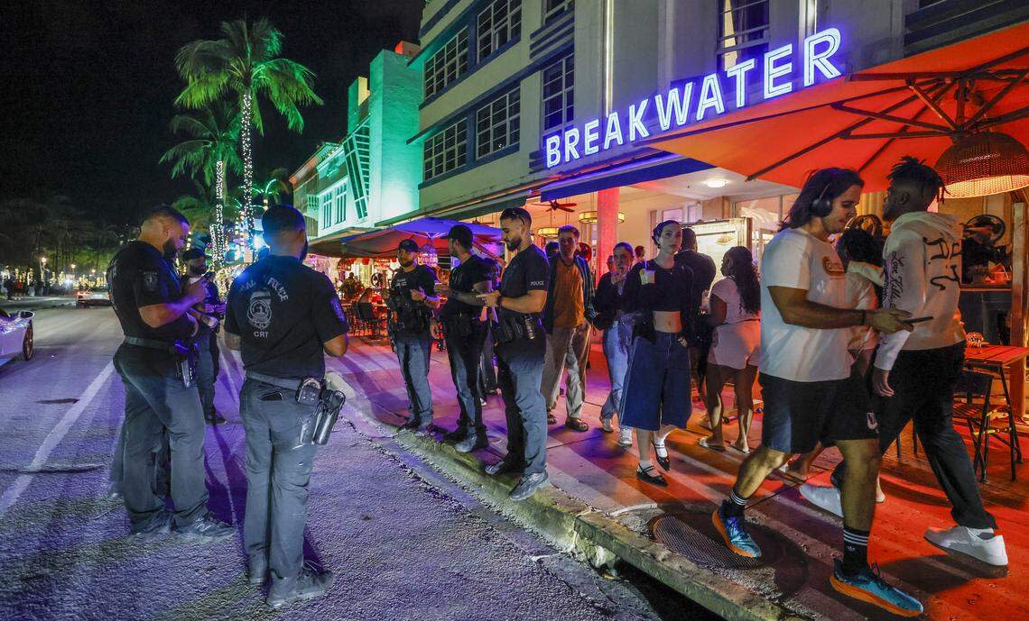 Hialeah police officers patrol Ninth Street and Ocean Drive during spring break in South Beach, Friday, March 20, 2026.
