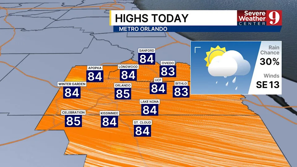 Possible rain and thunderstorms in central Florida this afternoon. Expect heavy rain, lightning, and wind gusts up to 35 mph