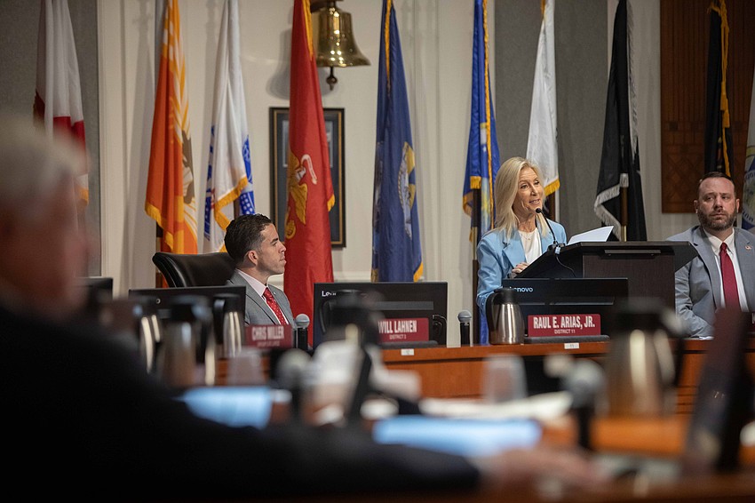 Jacksonville Mayor Donna Deegan presents her 2025-26 budget to City Council on July 14. Watching are Raul Arias, chair of the Finance Committee that is scrutinizing Deegan’s budget, and Council President Kevin Carrico.