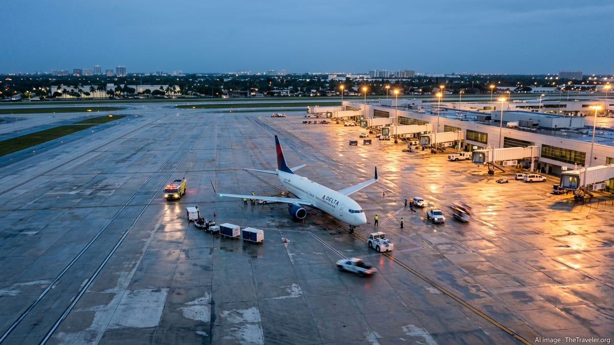 Delta jet parked on a wet Fort Lauderdale airport tarmac at dusk after an emergency diversion.
