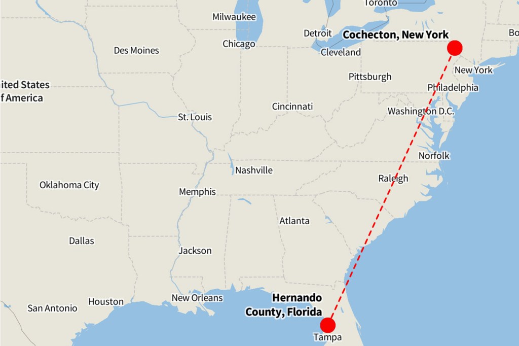 Illustration of the distance between Hernando County, Florida, and Cochecton, New York, on a map of the United States.