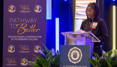 St. Petersburg College student and basketball player Celine Forine speaking at donors and scholars luncheon