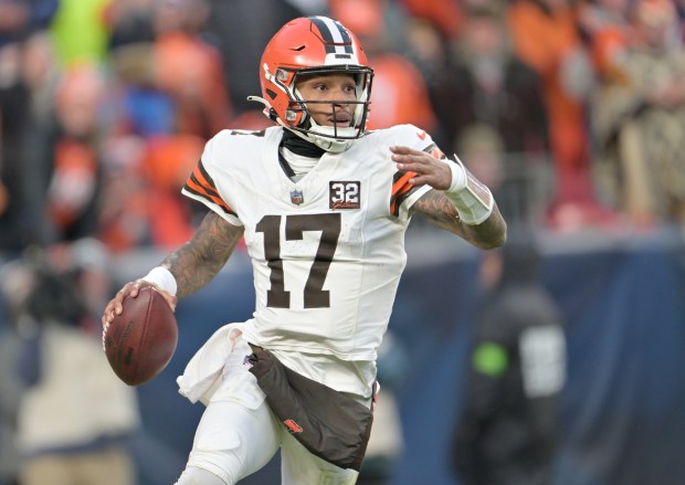 Dorian Thompson-Robinson (17), on of the quarterbacks with the new Orlando Storm, played for the Cleveland Browns in 2023-24. (Photo by RJ Sangosti/The Denver Post)