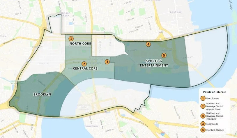 The city of Jacksonville will allow establishments to sell alcoholic beverages until 3 a.m. in the shaded areas of this map for Brooklyn, the central core, the north core and the sports and entertainment district. The sports and entertainment district contains The Elbow, a cluster of nightlife establishments near the Florida Theatre.