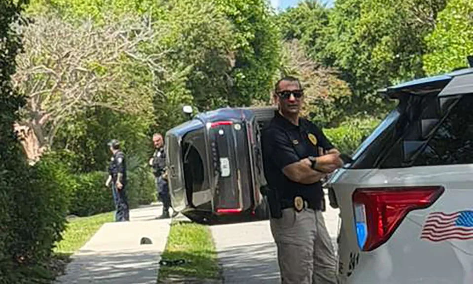 Woods was previously involved in a February 2021 rollover crash in Palos Verdes, Los Angeles. His Land Rover is seen on its side following Friday’s rollover. Shabba / BACKGRID