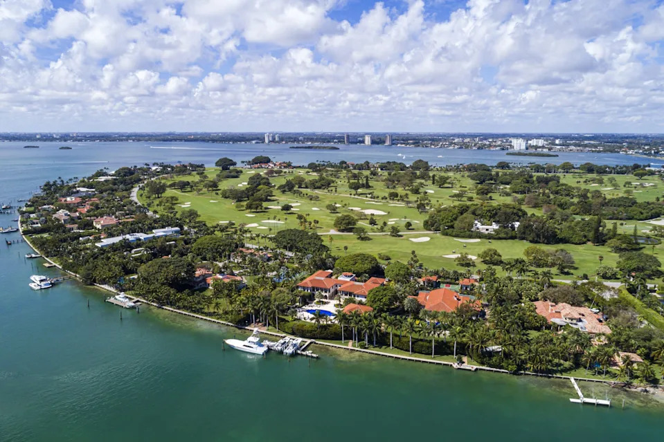 Florida, Miami, Indian Creek Island, country club, golf course on Billionairs Bunker, aerial view