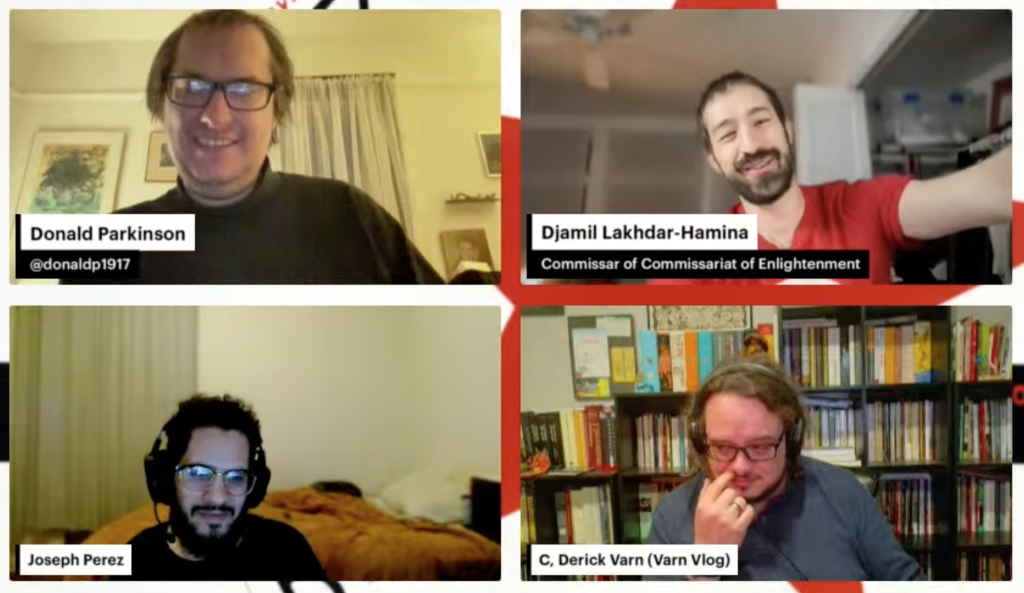 A collage of four men on a video call, Donald Parkinson, Djamil Lakhdar-Hamina, Joseph Perez, and C. Derick Varn.