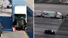 The FedEx truck seen from two separate angles after a crash on Dec. 5, 2025. 