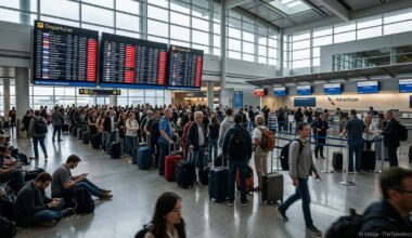 Crowded airport terminal with delayed and canceled flights on departure boards.