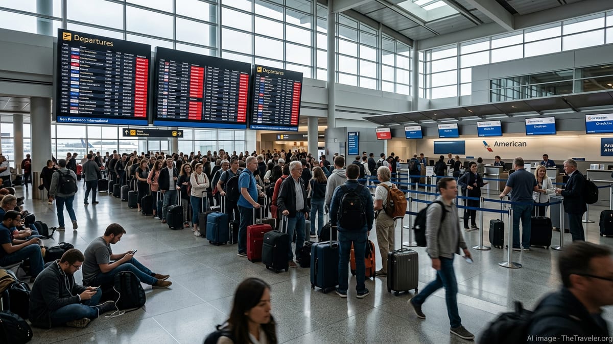 Crowded airport terminal with delayed and canceled flights on departure boards.