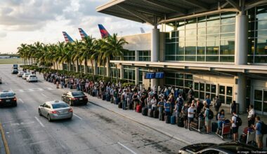 Crowded departures curb at Fort Lauderdale airport as travelers wait with luggage near major airline check-in areas.