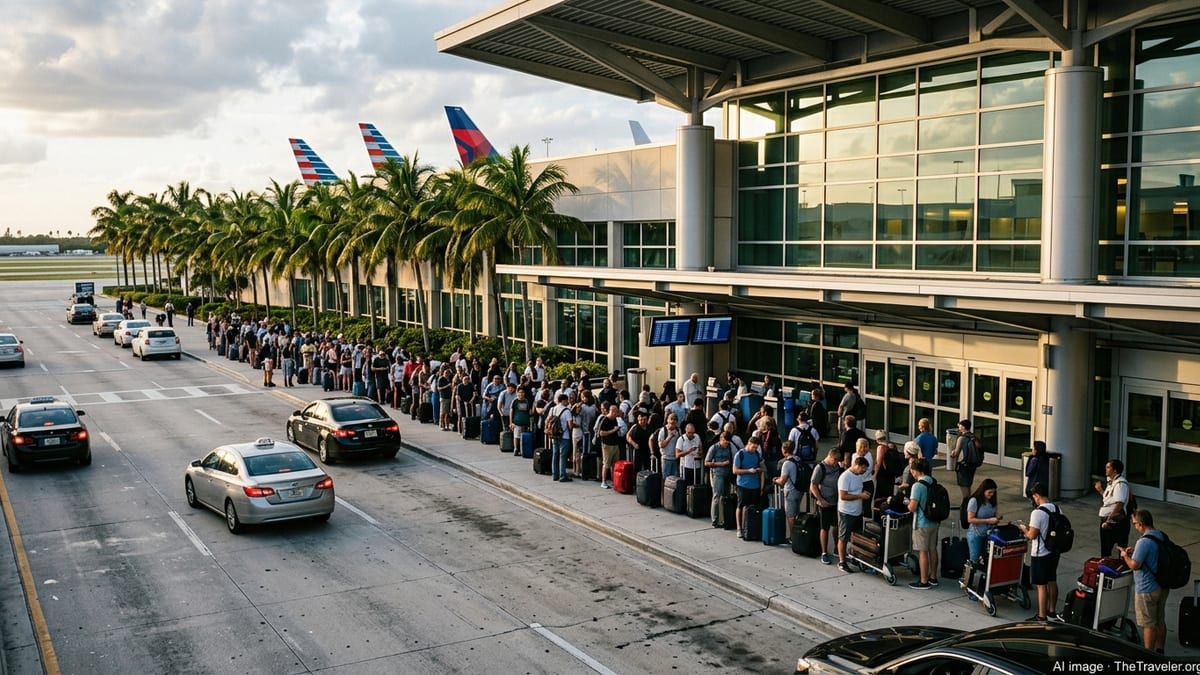 Crowded departures curb at Fort Lauderdale airport as travelers wait with luggage near major airline check-in areas.