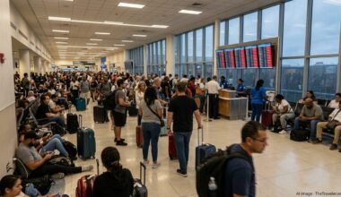 Crowded Fort Lauderdale airport concourse with long lines and many canceled flights on departure boards.