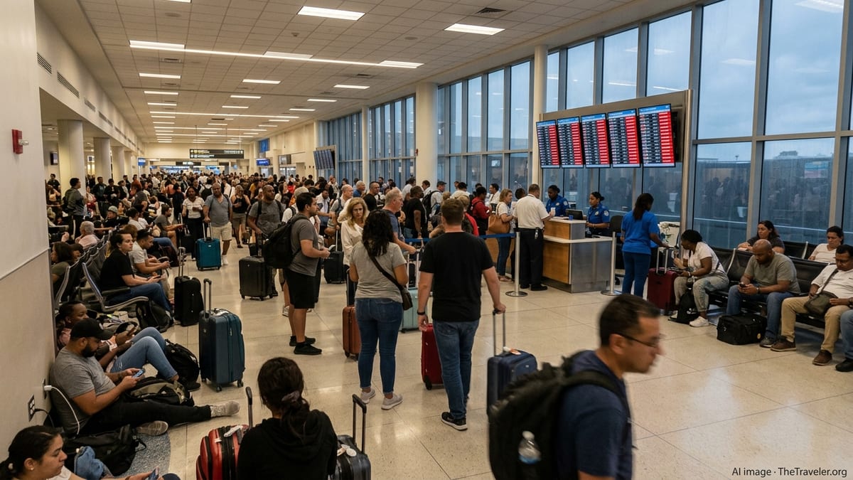 Crowded Fort Lauderdale airport concourse with long lines and many canceled flights on departure boards.