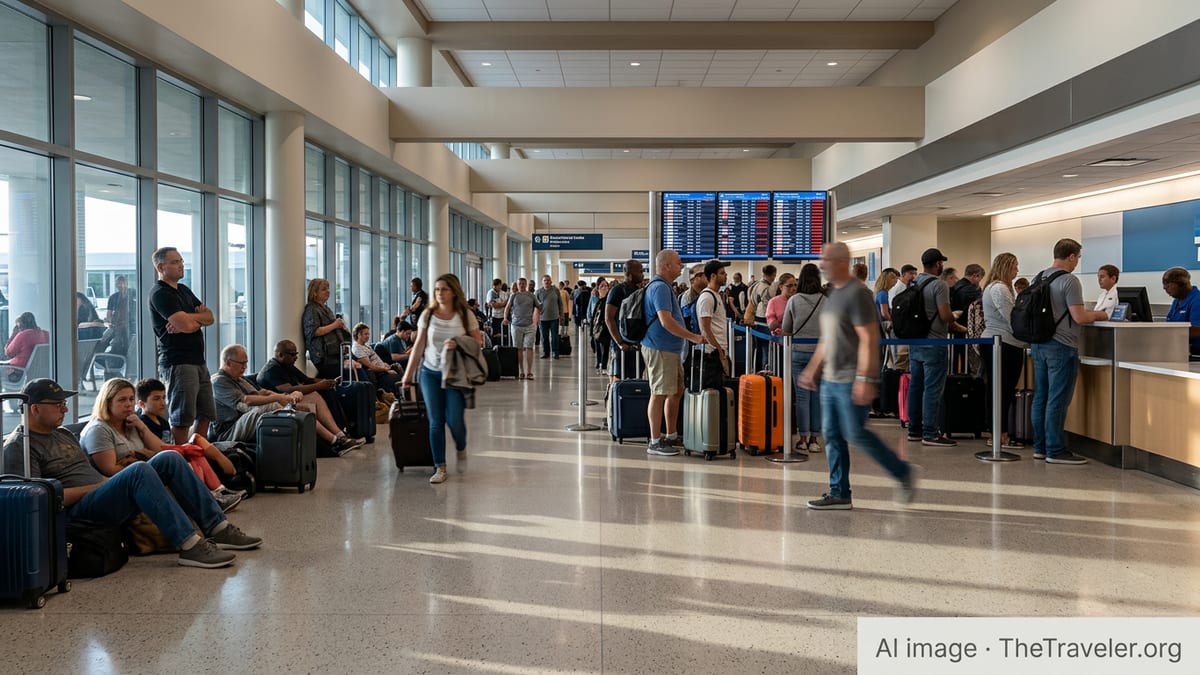 Crowded Fort Lauderdale airport terminal with stranded passengers and canceled flights on departure boards.