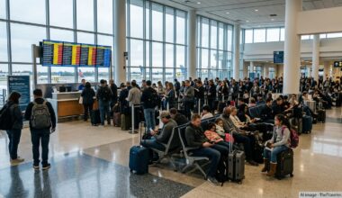 Crowded Fort Lauderdale airport terminal with passengers waiting amid widespread flight delays on the departure boards.