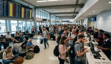 Crowded Fort Lauderdale airport terminal with stranded passengers waiting near gates and delay-filled departure boards.